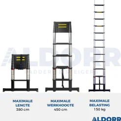 Telescopische Ladders|Brico Aldorr Professional - Telescoopladder 3,80M - Telescopische Stabilisatie Balk - Optigrip™
