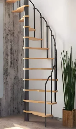 Brico Handystairs Ruimtebesparende Spiltrap "Radius" - 140X70 Cm - 299 Cm Hoog - 12 Beuken Treden - Grijs- Zoldertrappen