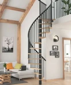 Brico Handystairs Wenteltrap "Spirale" - Diameter 120Cm - Hoogte 309Cm - 12 Beuken Treden - Zwart Staal- Zoldertrappen