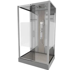 Douchecabines|Brico Technische Eigenschappen: 85X115X215Cm Benodigde Hoogte Voor Installatie 230Cm Metaalgrijs Gelakte Aluminium Structuur Omkeerbare Schuifdeur In 6 Mm Van Gehard Glas Achterwand Van Grijs Gehard Glas Van 5 Mm Composiet Houten Kolom Met Roestvrijstalen Plaat Voorwanden En Zijkanten Met Gematteerde Banden Versterkt Grijs Acryl Dak En Douchebak Magnetische Sluiting Siliconenvrije Montage Toebehoren: Rvs Regendouchekop Anti-Kalksteen Multi-Jet Roestvrijstalen Hydromassagepaneel Anti-Kalksteen Handdouche Pvc-Slang Met Metallic Effect Glazen Planken Verchroomd Roestvrijstalen Handvat Mechanische Mengkraan 90 Mm Afvoer Met Hoog Debiet Composiet Houten Rooster Geleverd Met Aansluitslangen