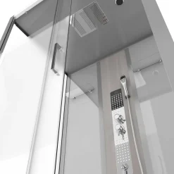 Douchecabines|Brico Technische Eigenschappen: 85X115X215Cm Benodigde Hoogte Voor Installatie 230Cm Metaalgrijs Gelakte Aluminium Structuur Omkeerbare Schuifdeur In 6 Mm Van Gehard Glas Achterwand Van Grijs Gehard Glas Van 5 Mm Composiet Houten Kolom Met Roestvrijstalen Plaat Voorwanden En Zijkanten Met Gematteerde Banden Versterkt Grijs Acryl Dak En Douchebak Magnetische Sluiting Siliconenvrije Montage Toebehoren: Rvs Regendouchekop Anti-Kalksteen Multi-Jet Roestvrijstalen Hydromassagepaneel Anti-Kalksteen Handdouche Pvc-Slang Met Metallic Effect Glazen Planken Verchroomd Roestvrijstalen Handvat Mechanische Mengkraan 90 Mm Afvoer Met Hoog Debiet Composiet Houten Rooster Geleverd Met Aansluitslangen