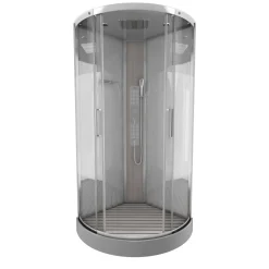 Douchecabines|Brico Technische Eigenschappen:85X185X215Cmbenodigde Hoogte Voor Installatie 230Cmmetaalgrijs Gelakte Aluminium Structuuromkeerbare Schuifdeur In 6 Mm Van Gehard Glasachterwand Van Grijs Gehard Glas Van 5 Mmcomposiet Houten Kolom Met Roestvrijstalen Plaatvoorwanden En Zijkanten Met Gematteerde Bandenversterkt Grijs Acryl Dak En Douchebakmagnetische Sluitingsiliconenvrije Montagetoebehoren: Rvs Regendouchekopanti-Kalksteen Multi-Jet Roestvrijstalen Hydromassagepaneelanti-Kalksteen Handdouchepvc-Slang Met Metallic Effectglazen Plankenverchroomd Roestvrijstalen Handvatmechanische Mengkraan90 Mm Afvoer Met Hoog Debietcomposiet Houten Roostergeleverd Met Aansluitslangen