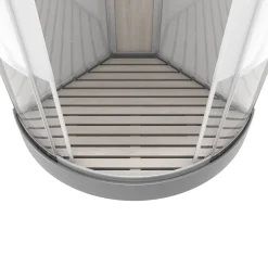 Douchecabines|Brico Technische Eigenschappen:85X185X215Cmbenodigde Hoogte Voor Installatie 230Cmmetaalgrijs Gelakte Aluminium Structuuromkeerbare Schuifdeur In 6 Mm Van Gehard Glasachterwand Van Grijs Gehard Glas Van 5 Mmcomposiet Houten Kolom Met Roestvrijstalen Plaatvoorwanden En Zijkanten Met Gematteerde Bandenversterkt Grijs Acryl Dak En Douchebakmagnetische Sluitingsiliconenvrije Montagetoebehoren: Rvs Regendouchekopanti-Kalksteen Multi-Jet Roestvrijstalen Hydromassagepaneelanti-Kalksteen Handdouchepvc-Slang Met Metallic Effectglazen Plankenverchroomd Roestvrijstalen Handvatmechanische Mengkraan90 Mm Afvoer Met Hoog Debietcomposiet Houten Roostergeleverd Met Aansluitslangen