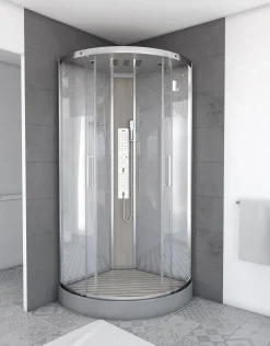 Douchecabines|Brico Technische Eigenschappen:85X185X215Cmbenodigde Hoogte Voor Installatie 230Cmmetaalgrijs Gelakte Aluminium Structuuromkeerbare Schuifdeur In 6 Mm Van Gehard Glasachterwand Van Grijs Gehard Glas Van 5 Mmcomposiet Houten Kolom Met Roestvrijstalen Plaatvoorwanden En Zijkanten Met Gematteerde Bandenversterkt Grijs Acryl Dak En Douchebakmagnetische Sluitingsiliconenvrije Montagetoebehoren: Rvs Regendouchekopanti-Kalksteen Multi-Jet Roestvrijstalen Hydromassagepaneelanti-Kalksteen Handdouchepvc-Slang Met Metallic Effectglazen Plankenverchroomd Roestvrijstalen Handvatmechanische Mengkraan90 Mm Afvoer Met Hoog Debietcomposiet Houten Roostergeleverd Met Aansluitslangen