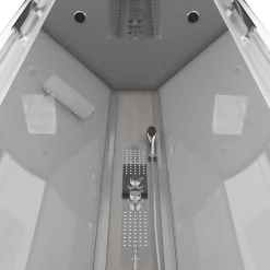 Douchecabines|Brico Technische Eigenschappen:85X185X215Cmbenodigde Hoogte Voor Installatie 230Cmmetaalgrijs Gelakte Aluminium Structuuromkeerbare Schuifdeur In 6 Mm Van Gehard Glasachterwand Van Grijs Gehard Glas Van 5 Mmcomposiet Houten Kolom Met Roestvrijstalen Plaatvoorwanden En Zijkanten Met Gematteerde Bandenversterkt Grijs Acryl Dak En Douchebakmagnetische Sluitingsiliconenvrije Montagetoebehoren: Rvs Regendouchekopanti-Kalksteen Multi-Jet Roestvrijstalen Hydromassagepaneelanti-Kalksteen Handdouchepvc-Slang Met Metallic Effectglazen Plankenverchroomd Roestvrijstalen Handvatmechanische Mengkraan90 Mm Afvoer Met Hoog Debietcomposiet Houten Roostergeleverd Met Aansluitslangen