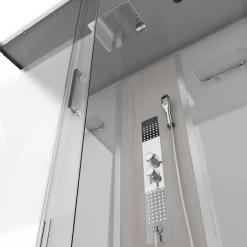 Douchecabines|Brico Technische Eigenschappen:75X150X215Cmbenodigde Hoogte Voor Installatie 230Cmmetaalgrijs Gelakte Aluminium Structuuromkeerbare Schuifdeur In 6 Mm Van Gehard Glasachterwand Van Grijs Gehard Glas Van 5 Mmcomposiet Houten Kolom Met Roestvrijstalen Plaatvoorwanden En Zijkanten Met Gematteerde Bandenversterkt Grijs Acryl Dak En Douchebakmagnetische Sluitingsiliconenvrije Montagetoebehoren: Rvs Regendouchekopanti-Kalksteen Multi-Jet Roestvrijstalen Hydromassagepaneelanti-Kalksteen Handdouchepvc-Slang Met Metallic Effectglazen Plankenverchroomd Roestvrijstalen Handvatmechanische Mengkraan90 Mm Afvoer Met Hoog Debietcomposiet Houten Roostergeleverd Met Aansluitslangen