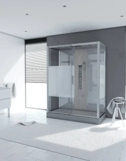 Douchecabines|Brico Technische Eigenschappen:75X150X215Cmbenodigde Hoogte Voor Installatie 230Cmmetaalgrijs Gelakte Aluminium Structuuromkeerbare Schuifdeur In 6 Mm Van Gehard Glasachterwand Van Grijs Gehard Glas Van 5 Mmcomposiet Houten Kolom Met Roestvrijstalen Plaatvoorwanden En Zijkanten Met Gematteerde Bandenversterkt Grijs Acryl Dak En Douchebakmagnetische Sluitingsiliconenvrije Montagetoebehoren: Rvs Regendouchekopanti-Kalksteen Multi-Jet Roestvrijstalen Hydromassagepaneelanti-Kalksteen Handdouchepvc-Slang Met Metallic Effectglazen Plankenverchroomd Roestvrijstalen Handvatmechanische Mengkraan90 Mm Afvoer Met Hoog Debietcomposiet Houten Roostergeleverd Met Aansluitslangen