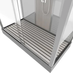 Douchecabines|Brico Technische Eigenschappen:75X150X215Cmbenodigde Hoogte Voor Installatie 230Cmmetaalgrijs Gelakte Aluminium Structuuromkeerbare Schuifdeur In 6 Mm Van Gehard Glasachterwand Van Grijs Gehard Glas Van 5 Mmcomposiet Houten Kolom Met Roestvrijstalen Plaatvoorwanden En Zijkanten Met Gematteerde Bandenversterkt Grijs Acryl Dak En Douchebakmagnetische Sluitingsiliconenvrije Montagetoebehoren: Rvs Regendouchekopanti-Kalksteen Multi-Jet Roestvrijstalen Hydromassagepaneelanti-Kalksteen Handdouchepvc-Slang Met Metallic Effectglazen Plankenverchroomd Roestvrijstalen Handvatmechanische Mengkraan90 Mm Afvoer Met Hoog Debietcomposiet Houten Roostergeleverd Met Aansluitslangen